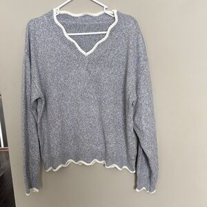 Women's V-Neck Sweater - Gray with White Trim